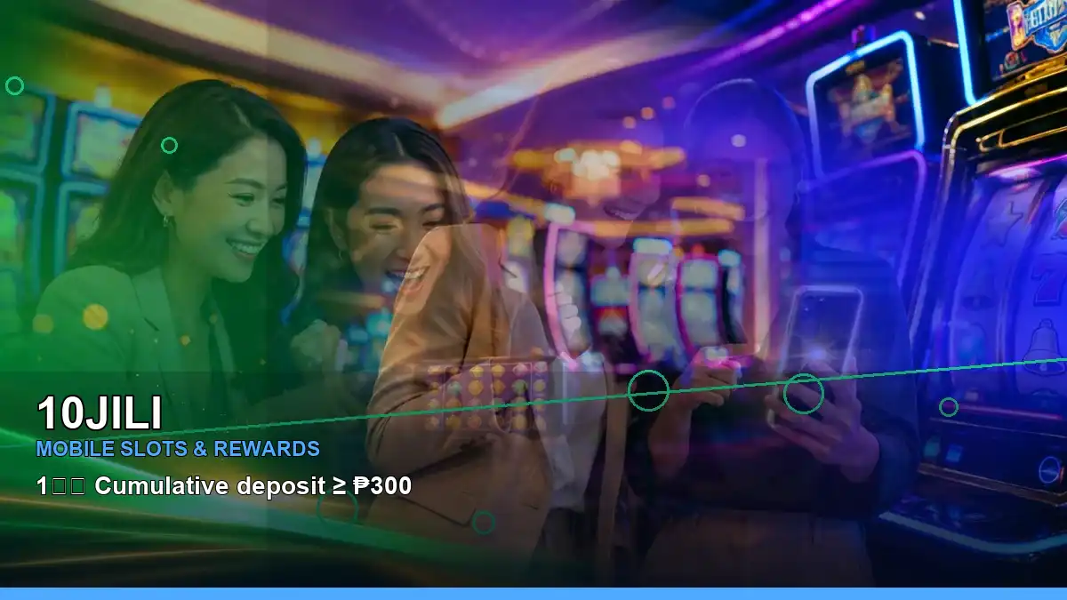 10JILI game technology information for Philippine users, featuring a mobile casino interface with reels and account tools